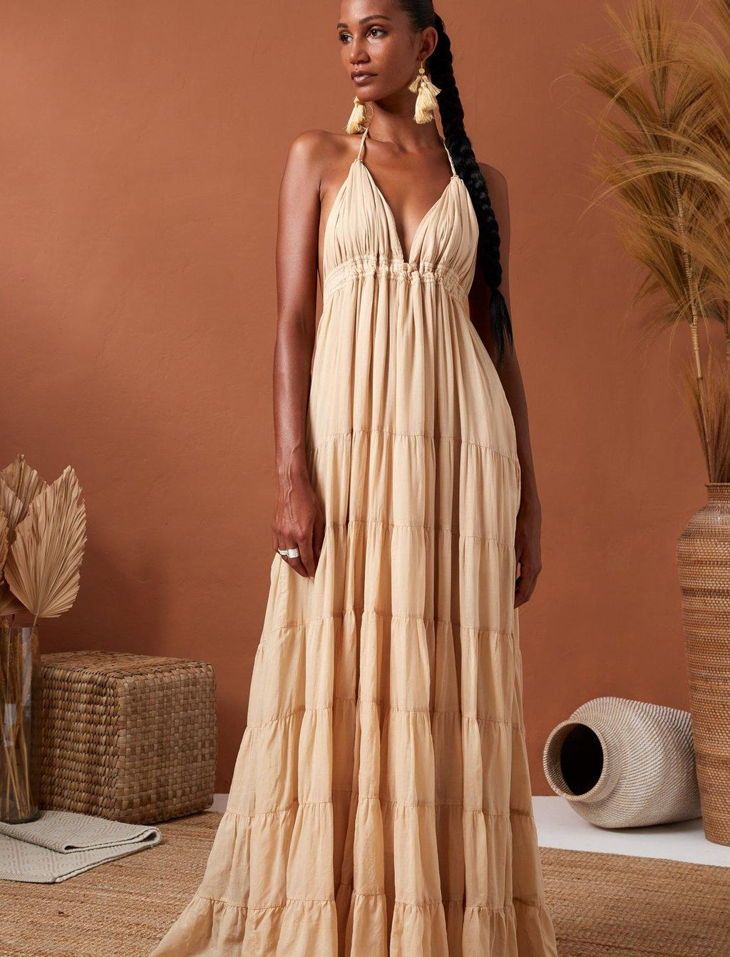 Elegant Boho Halter Neck Tiered Flowing Maxi Dress