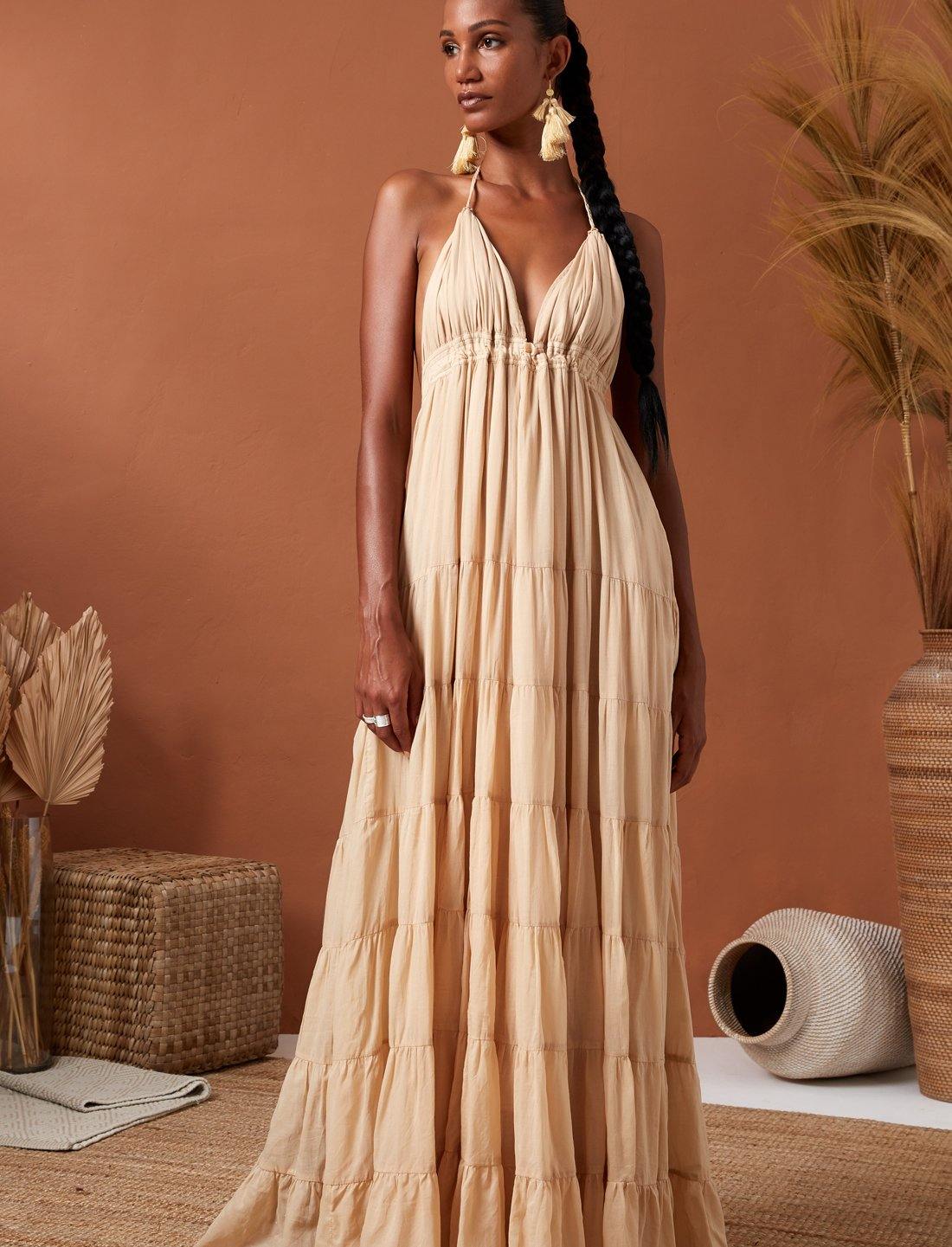 Elegant Boho Halter Neck Tiered Flowing Maxi Dress