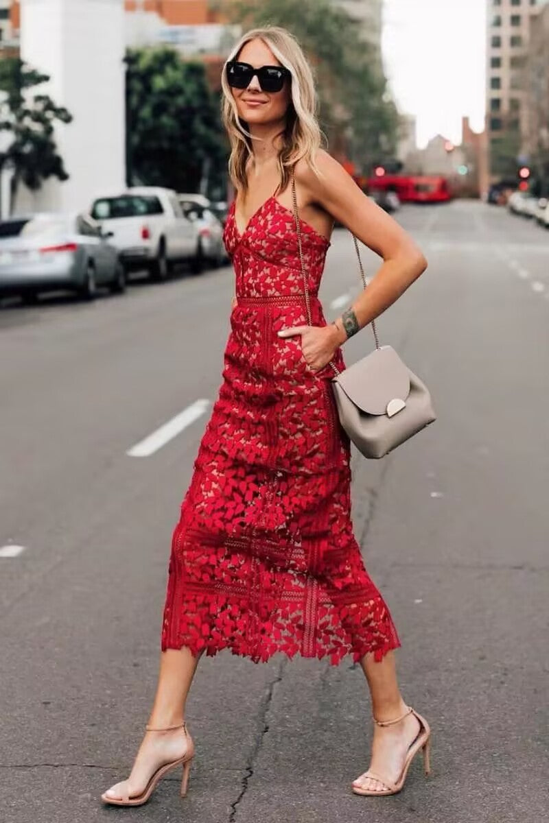 Elegant Red Floral Lace Bodycon Midi Dress
