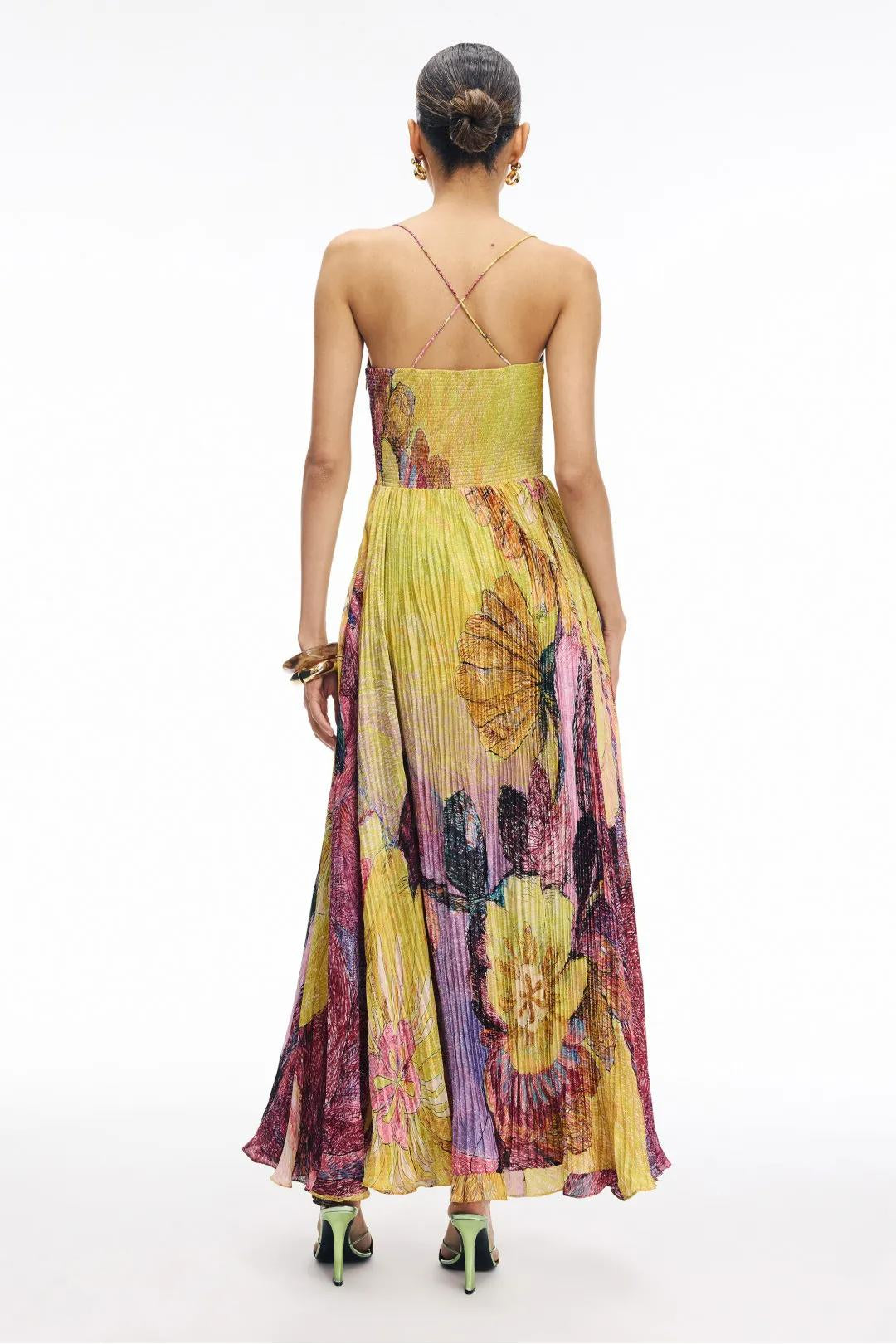 Multicolor Abstract Floral Pleated Chiffon A-Line Maxi Dress