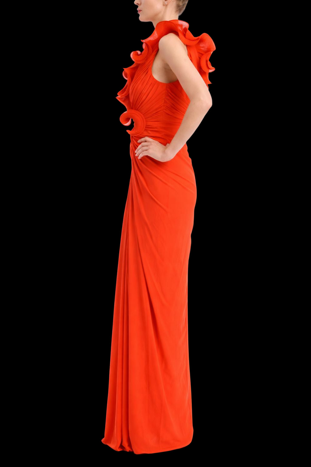 Orange Ruffle Sculpted Draped Halter Maxi Dress