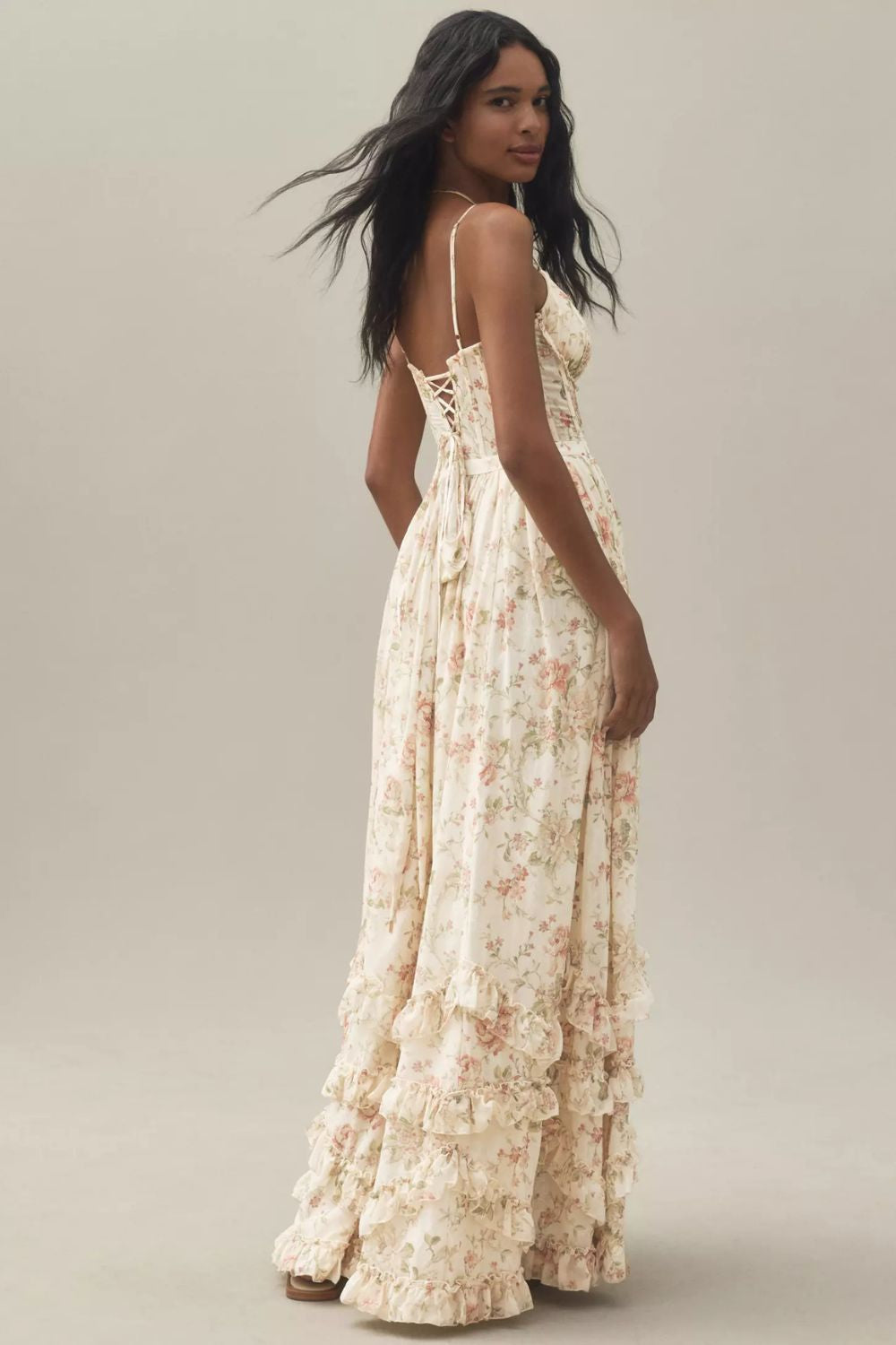 Cream Floral Belted Ruffle Tiered Slit Maxi Dress