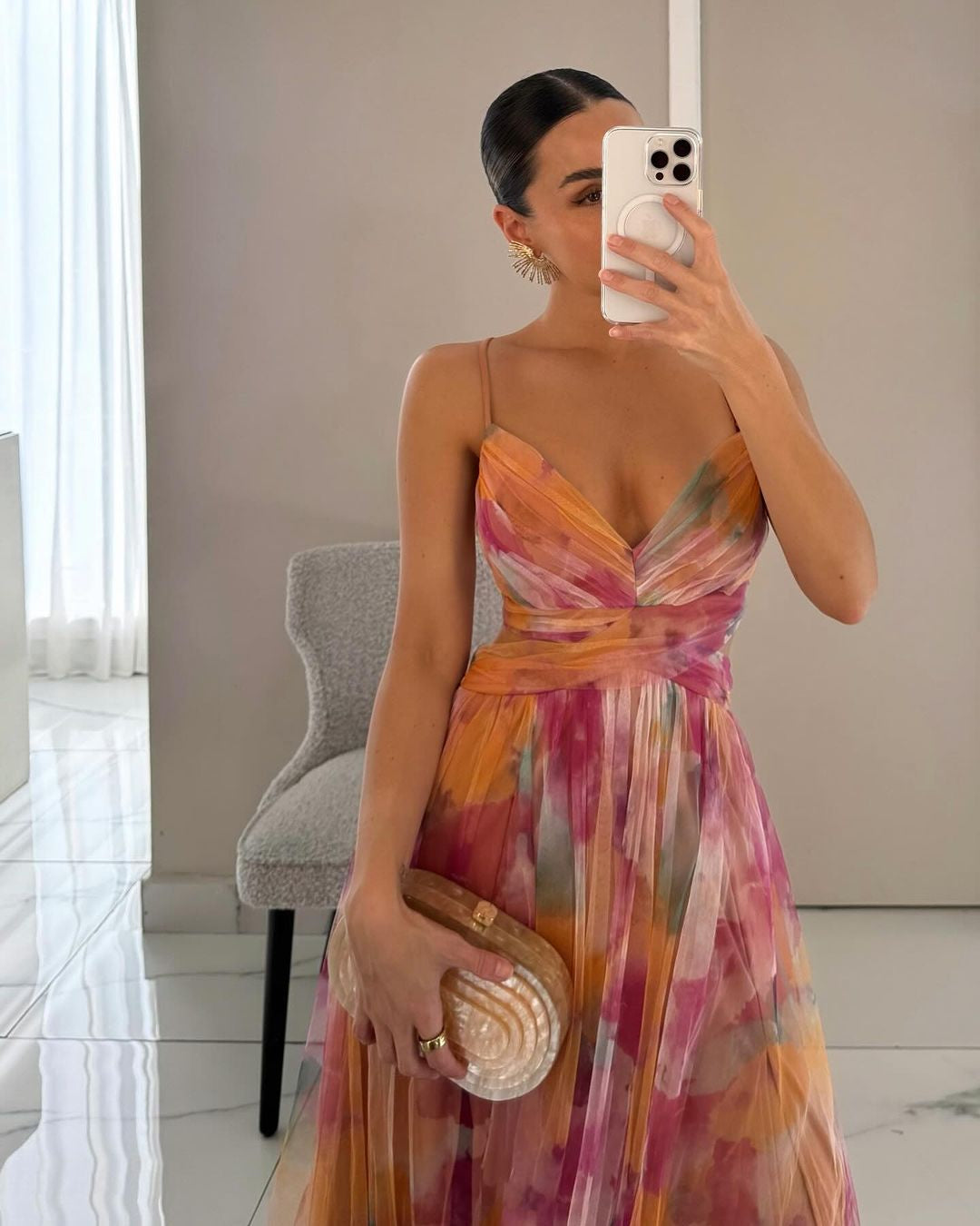 Orange Pink Watercolor Sheer Chiffon Twist Front Maxi Dress