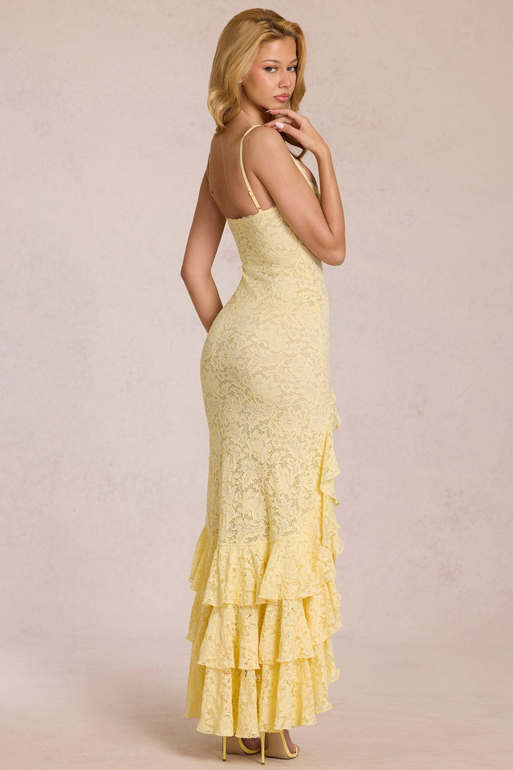 Butter Yellow Lace Ruffle Hem Slit Maxi Dress