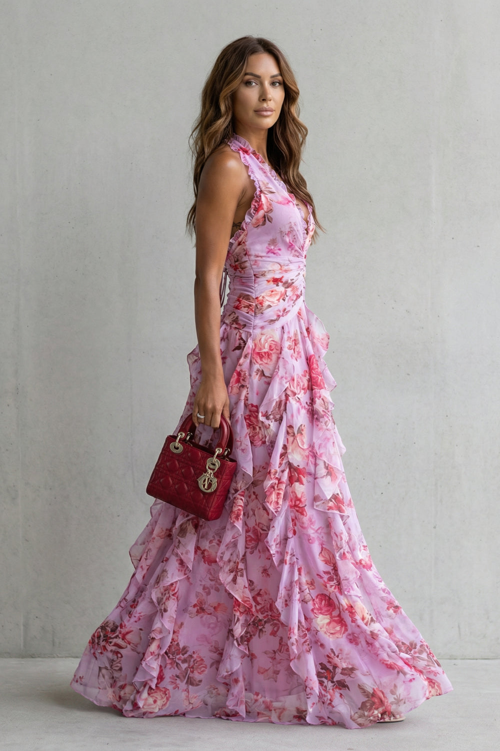 Pink Floral Halter Ruched Ruffle Tiered Maxi Dress