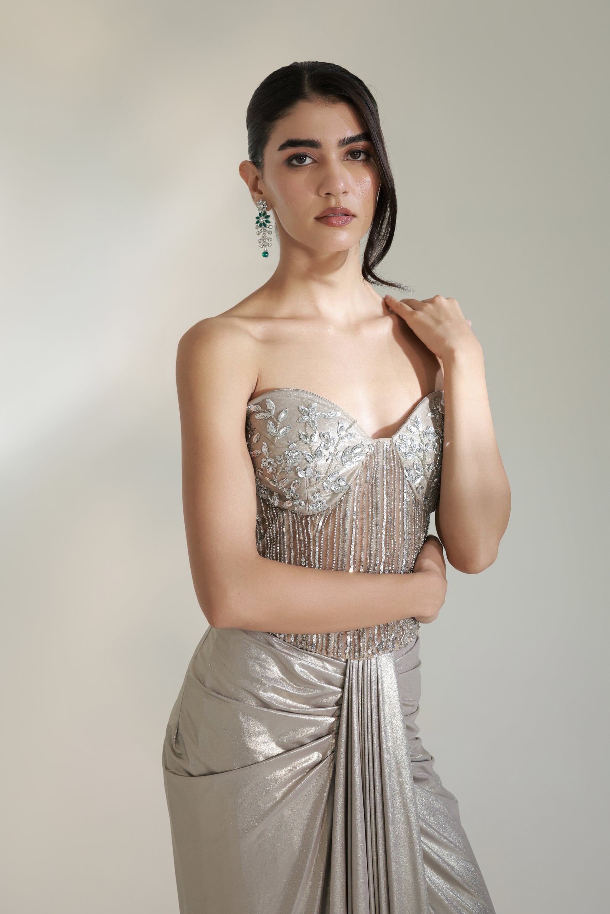 Silver Champagne Strapless Crystal Embellished Draped Maxi Dress