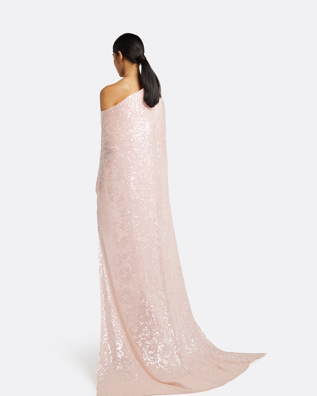 Blush Pink Sequin One Shoulder Draped Cape Maxi Dress