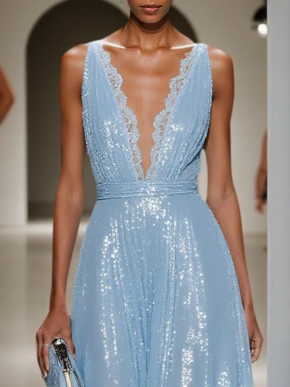 Elegant Sky Blue Glitter Plunge Neck Formal Gown