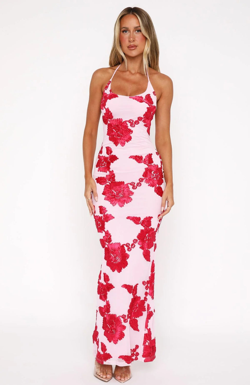 Minimal Chic Pink Red Flower Print Slim Fit Maxi Dress
