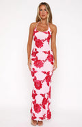 Minimal Chic Pink Red Flower Print Slim Fit Maxi Dress