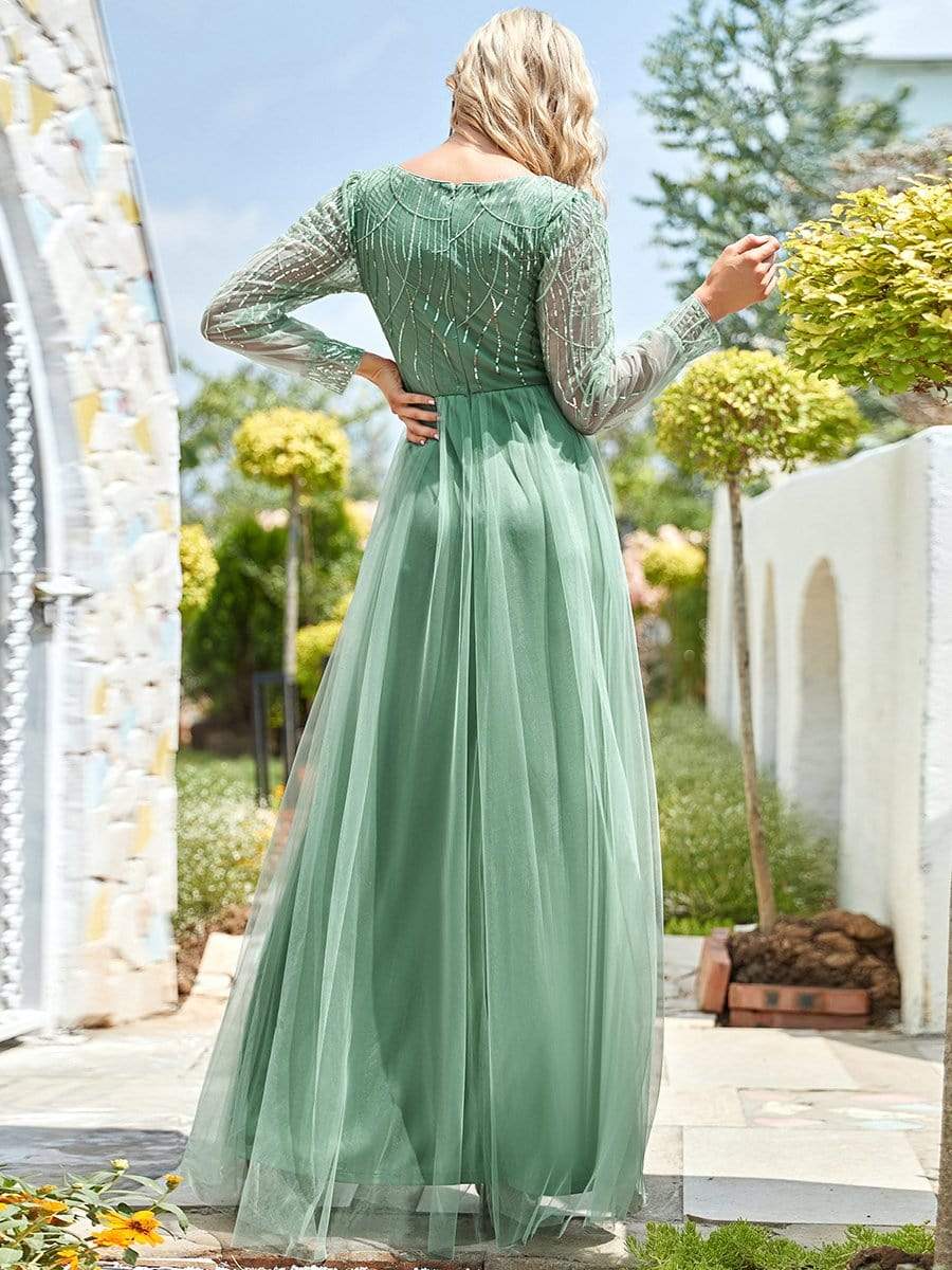 Sexy Deep V Neck Sequin & Tulle Maxi Long Evening Dress