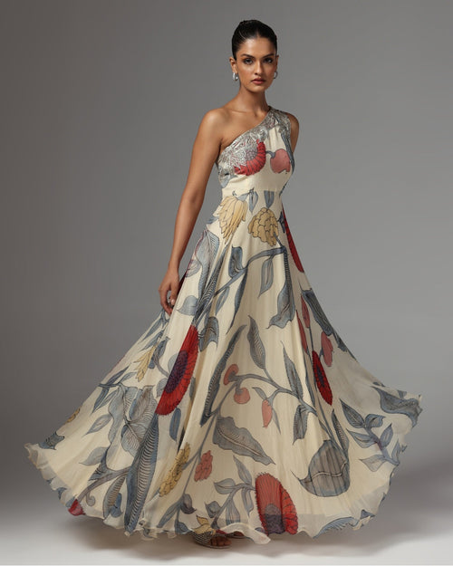Beige One Shoulder Botanical Print Embellished Maxi Dress