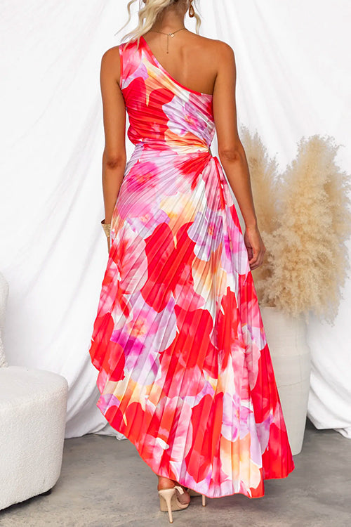 Women’s Red Abstract Print One Shoulder Maxi Dress