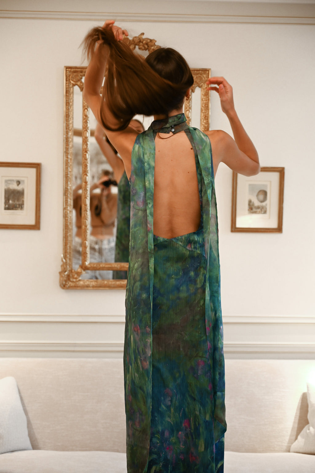 Green Abstract Halter Neck Keyhole Maxi Dress