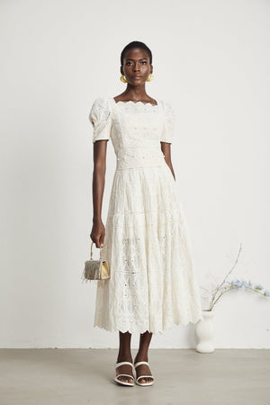 Elegant White Lace Midi Dress for Work