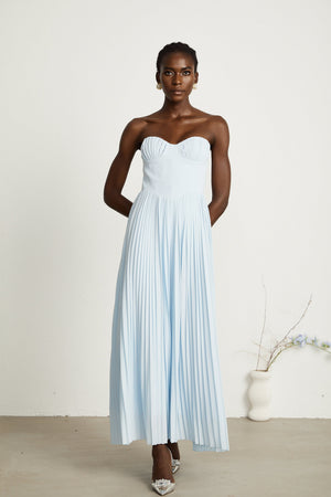 Sky-blue Strapless Pleated Midi Dress