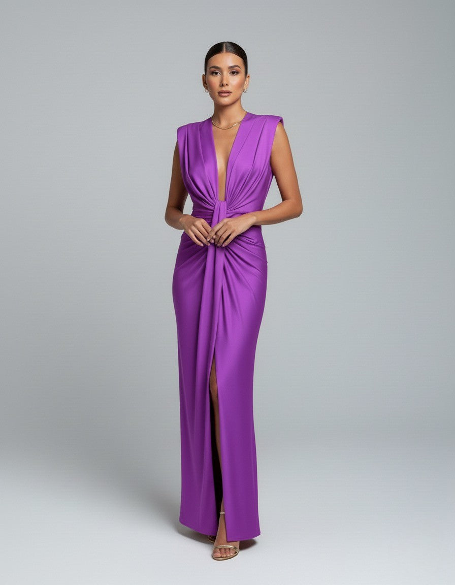 Women's Sleeveless Wedding Guest Dress with Plunging Neckline