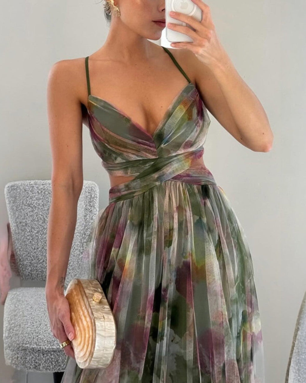 Green Abstract Floral Print Cutout Waist Pleated Maxi Dress