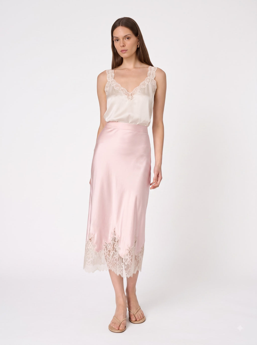 Pink Satin Lace Hem Midi  Slip Skirt