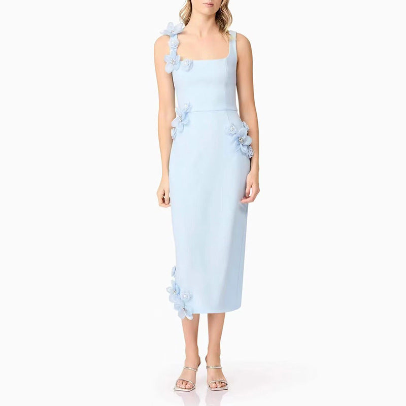 Light Blue 3D Floral Square Neck Dress