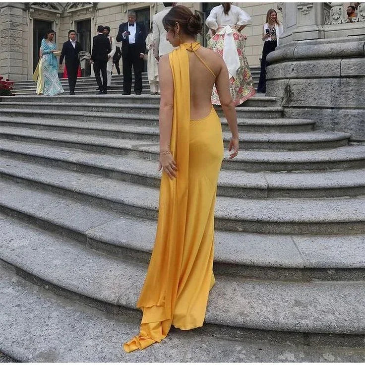 Golden Yellow Halter Neck Draped Satin Mermaid Maxi Dress