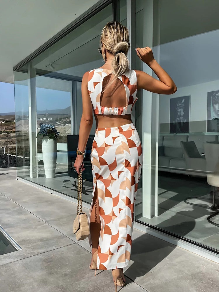 Orange Beige Geometric Cut Out Waist Tie Midi Dress