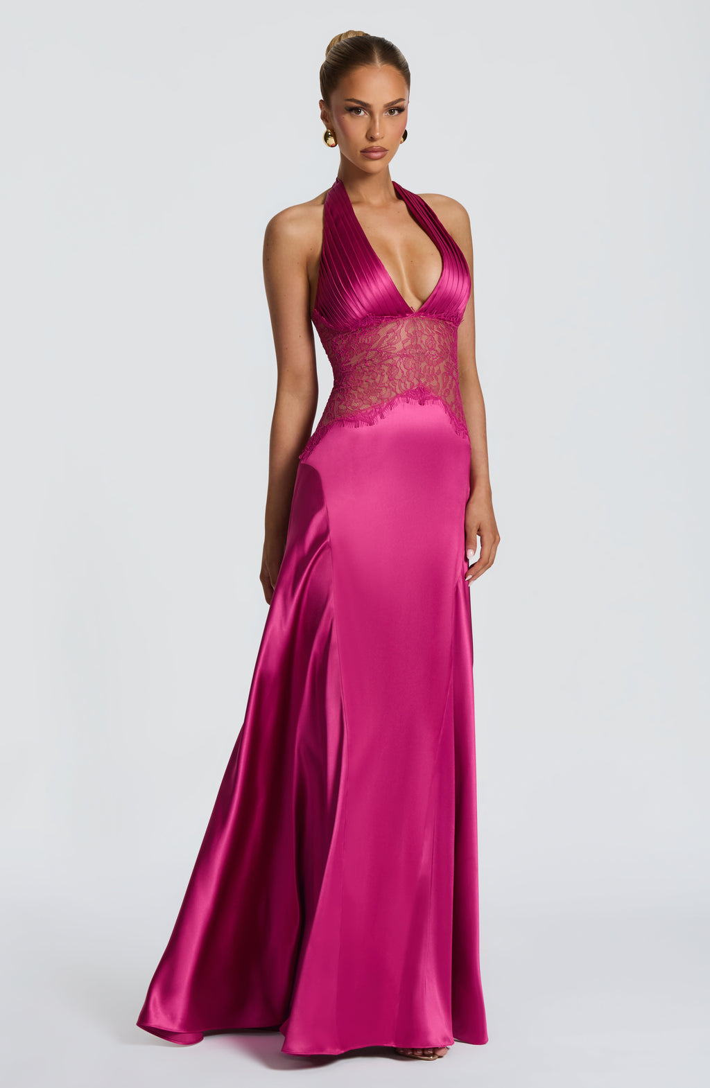 Minimal Chic Pink Satin Halter Bodycon Maxi Dress