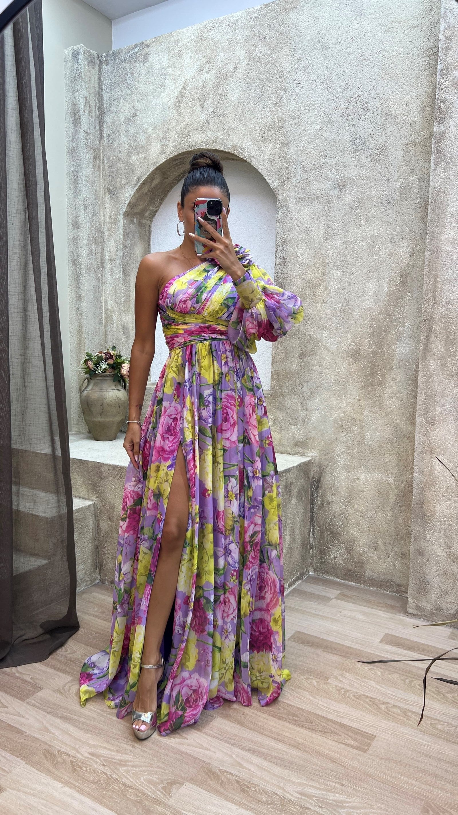 Multicolor Floral One Shoulder Slit Maxi Dress