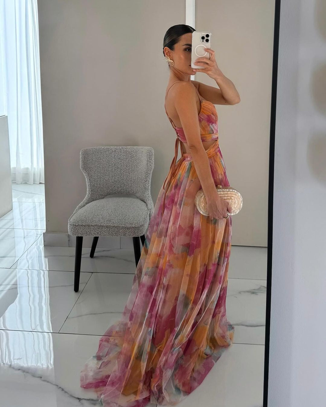 Orange Pink Watercolor Sheer Chiffon Twist Front Maxi Dress