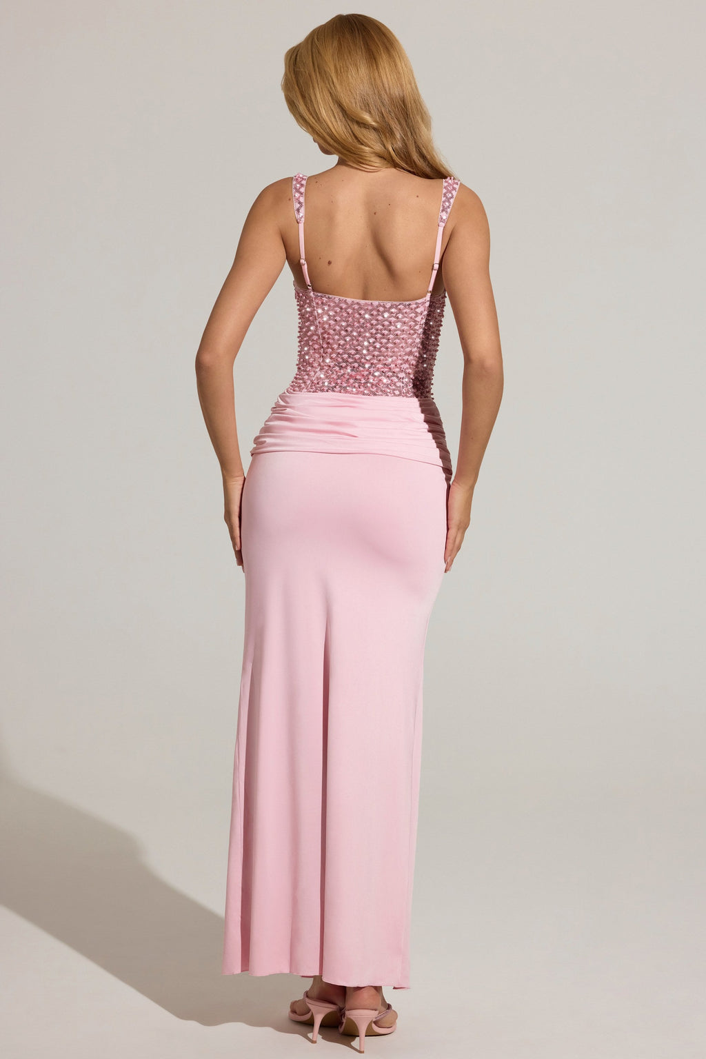 Pink Sequin Corset Bodice High Slit Maxi Dress
