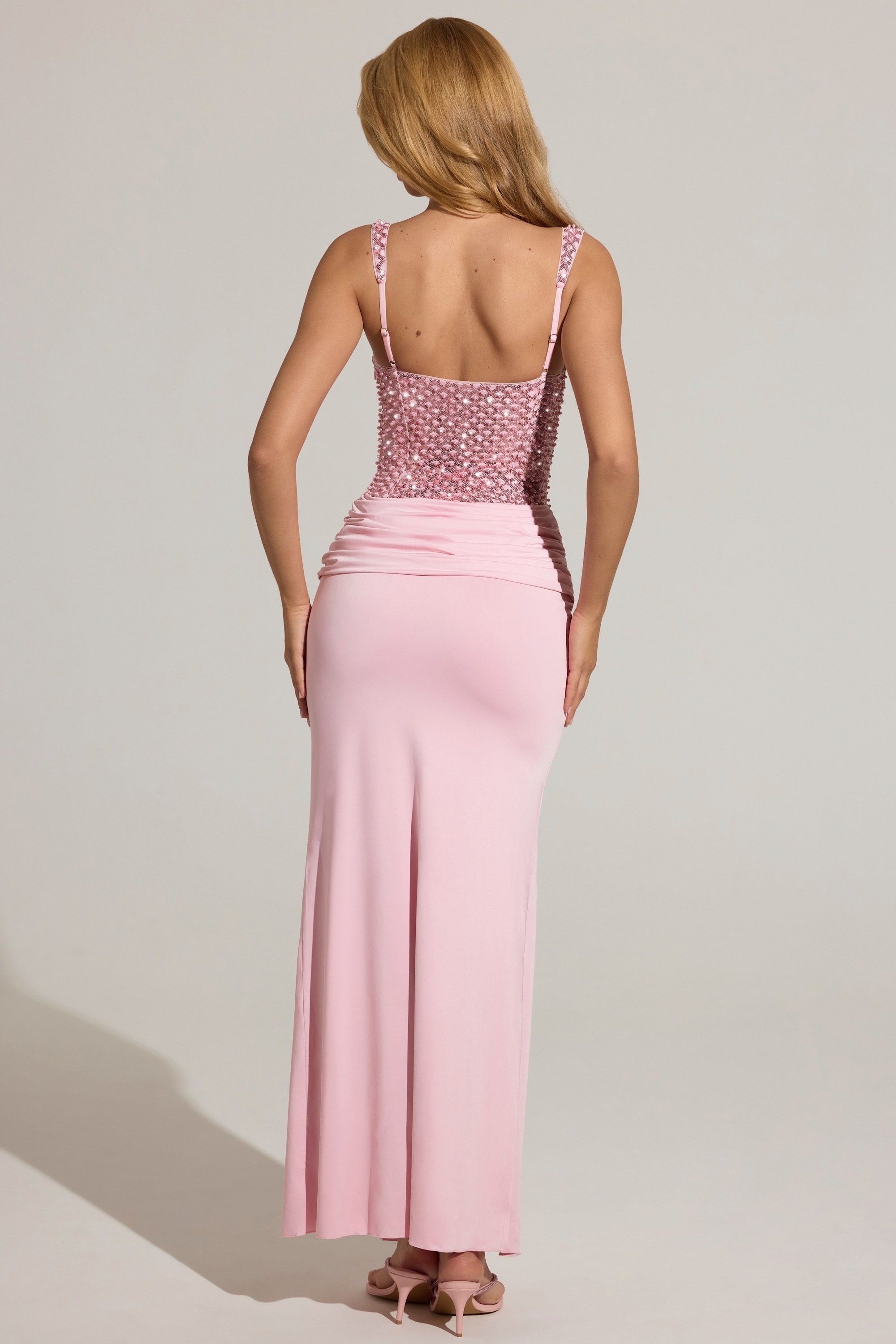 Pink Sequin Corset Bodice High Slit Maxi Dress