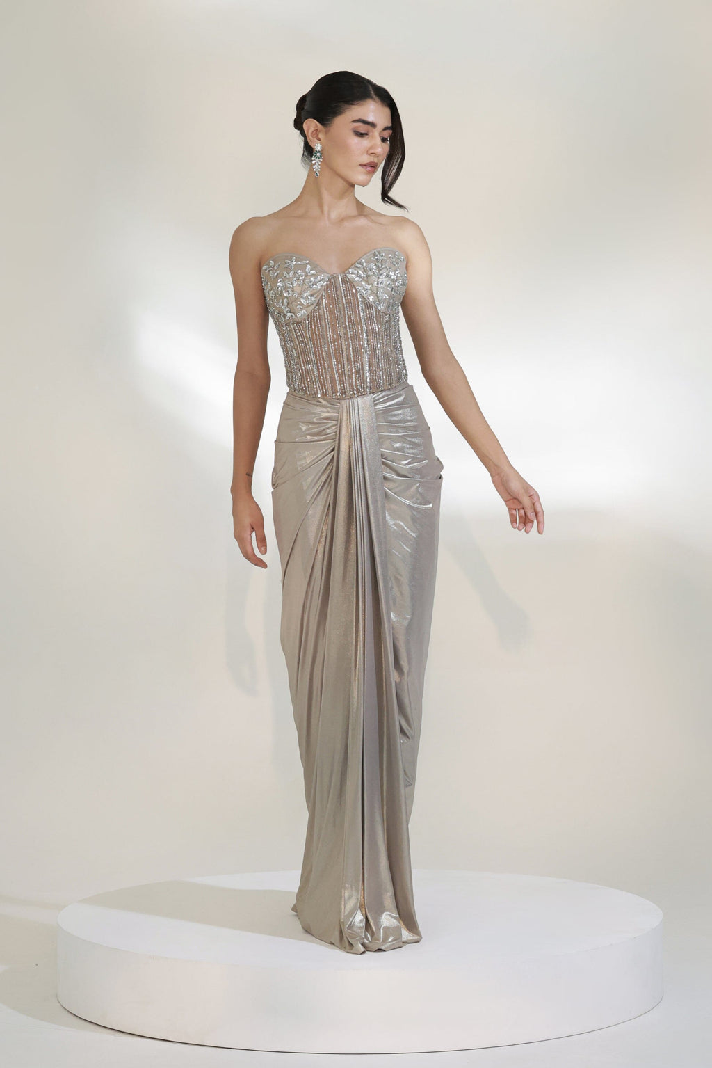 Silver Champagne Strapless Crystal Embellished Draped Maxi Dress
