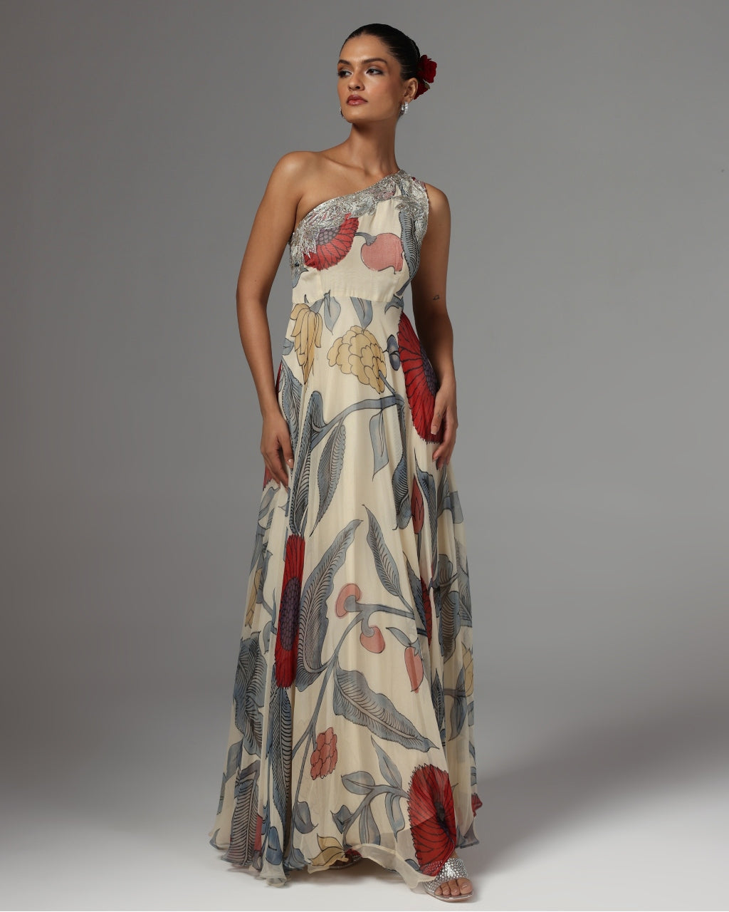 Beige One Shoulder Botanical Print Embellished Maxi Dress