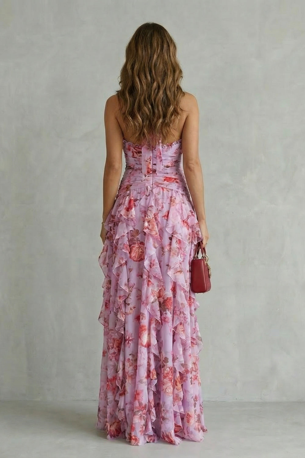 Pink Floral Halter Ruched Ruffle Tiered Maxi Dress