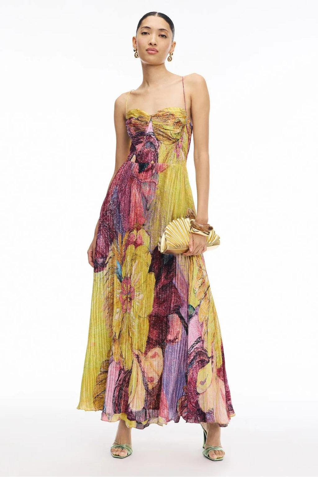 Multicolor Abstract Floral Pleated Chiffon A-Line Maxi Dress