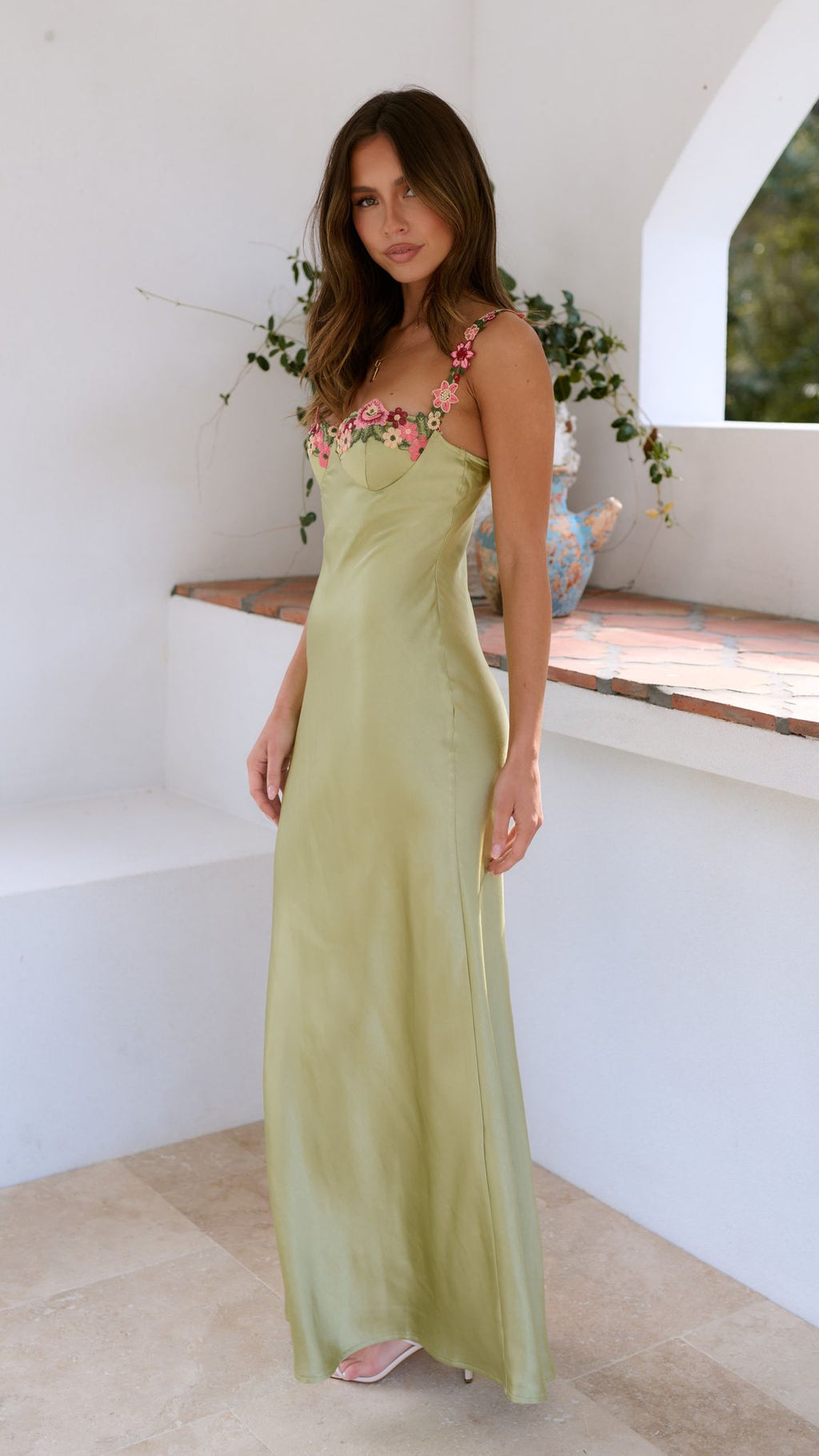 Sage Green Floral Embroidered Slip Maxi Dress