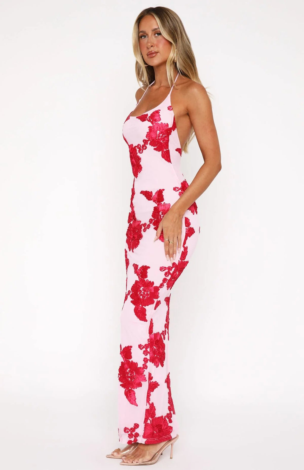 Minimal Chic Pink Red Flower Print Slim Fit Maxi Dress
