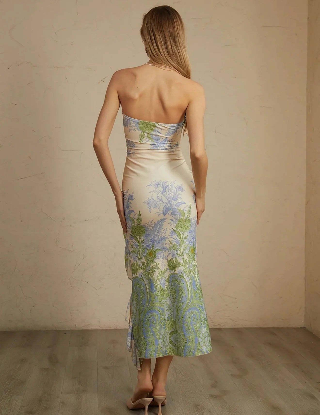 Soft Vintage Floral Print Strapless Slim Fit Formal Dress
