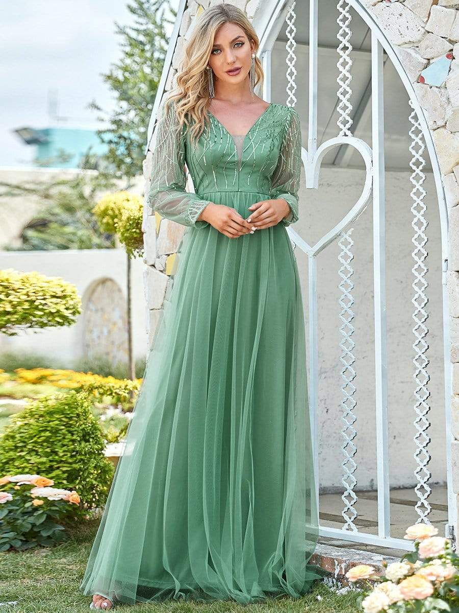 Sexy Deep V Neck Sequin & Tulle Maxi Long Evening Dress