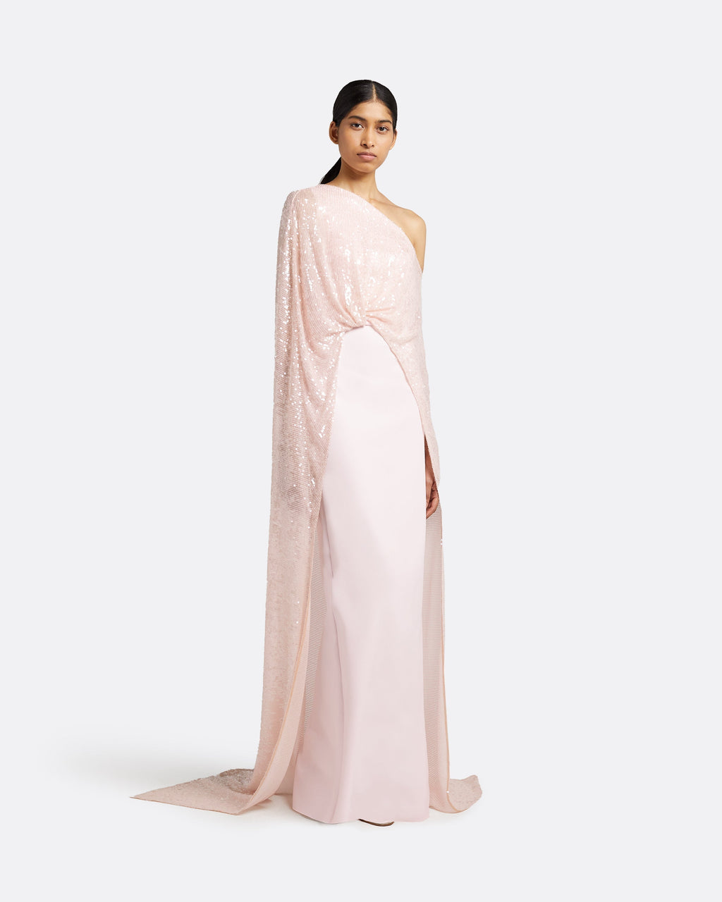 Blush Pink Sequin One Shoulder Draped Cape Maxi Dress
