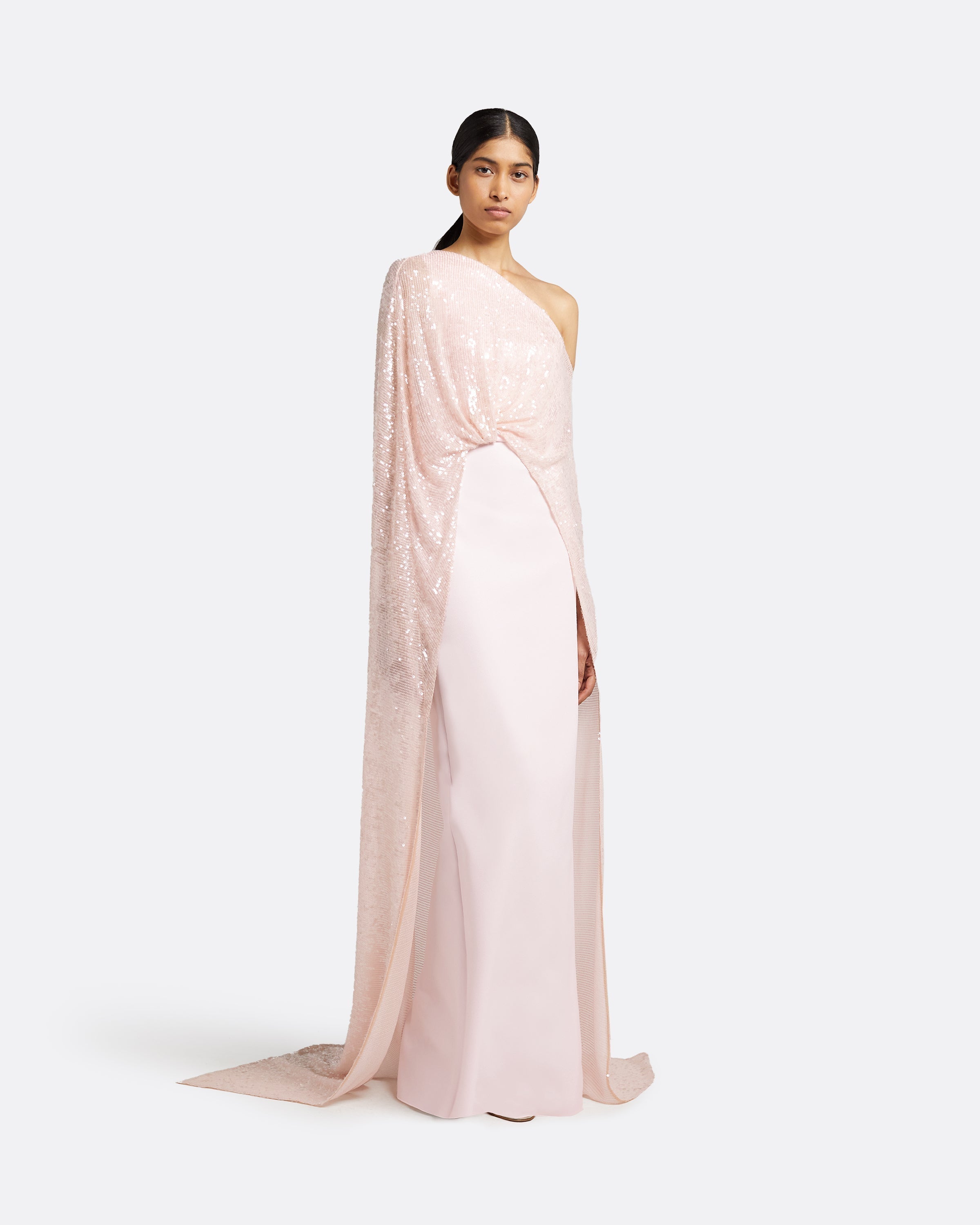 Blush Pink Sequin One Shoulder Draped Cape Maxi Dress