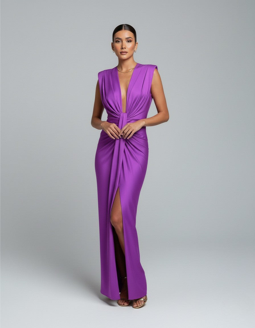 Women's Sleeveless Wedding Guest Dress with Plunging Neckline