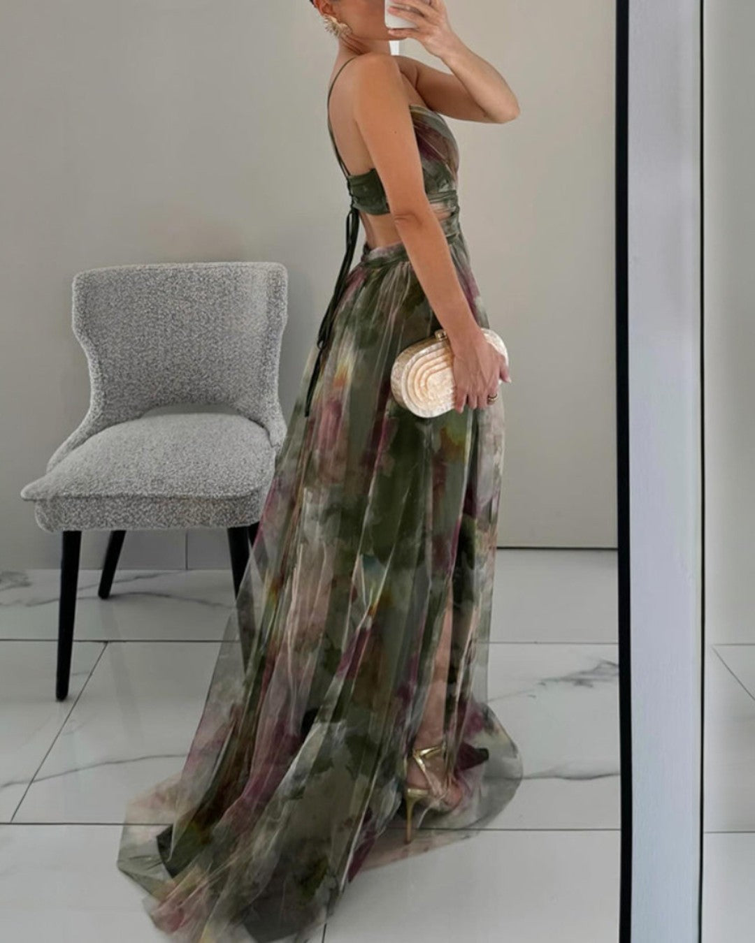 Green Abstract Floral Print Cutout Waist Pleated Maxi Dress