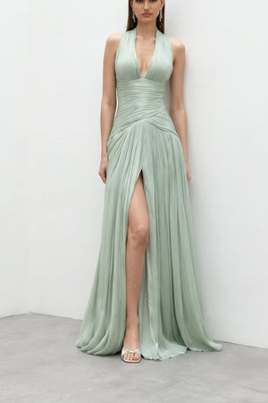 V Neck Pleated Chiffon Maxi Gown Mint