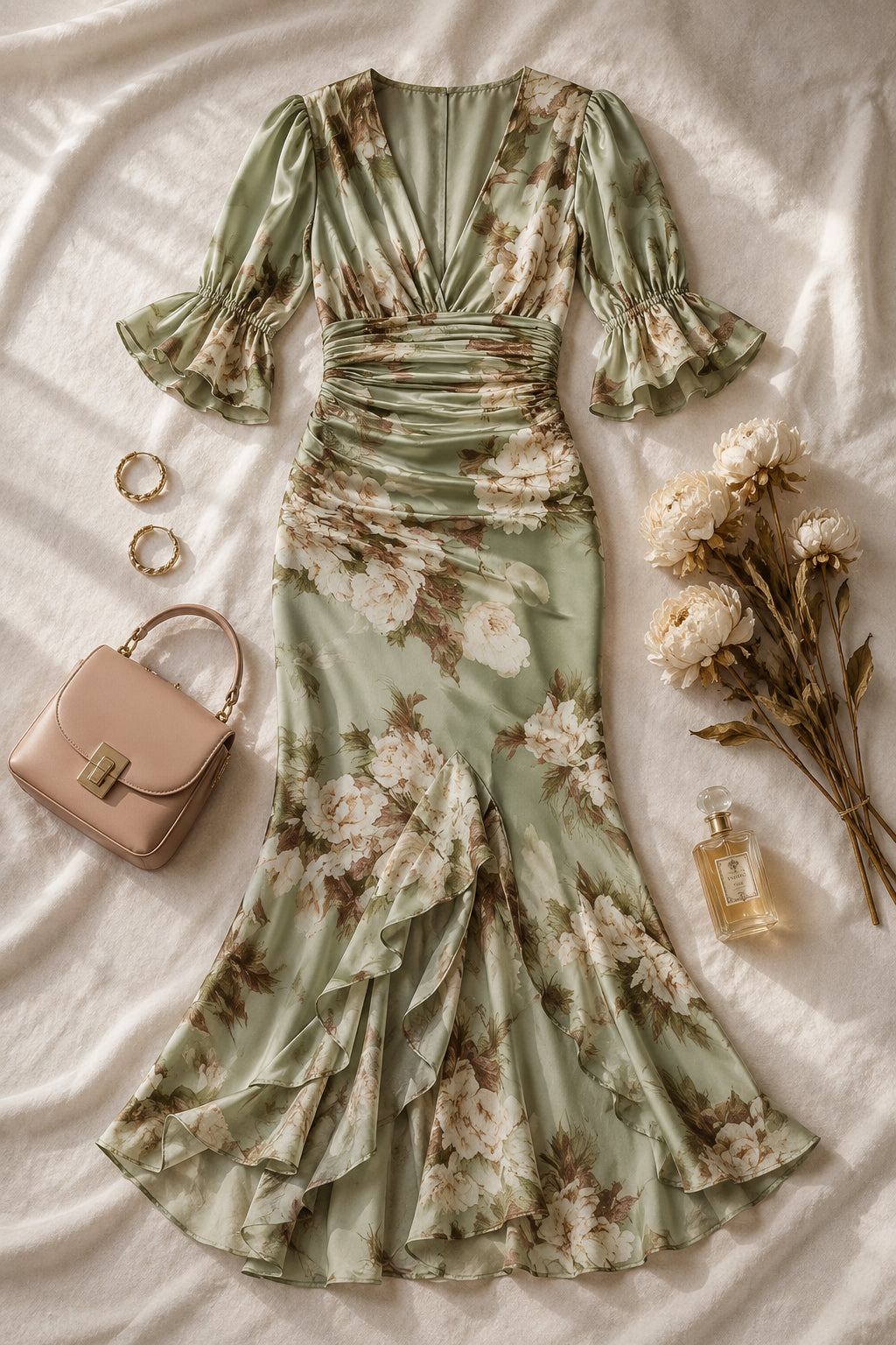 Sage Green Floral Ruched Maxi Dress