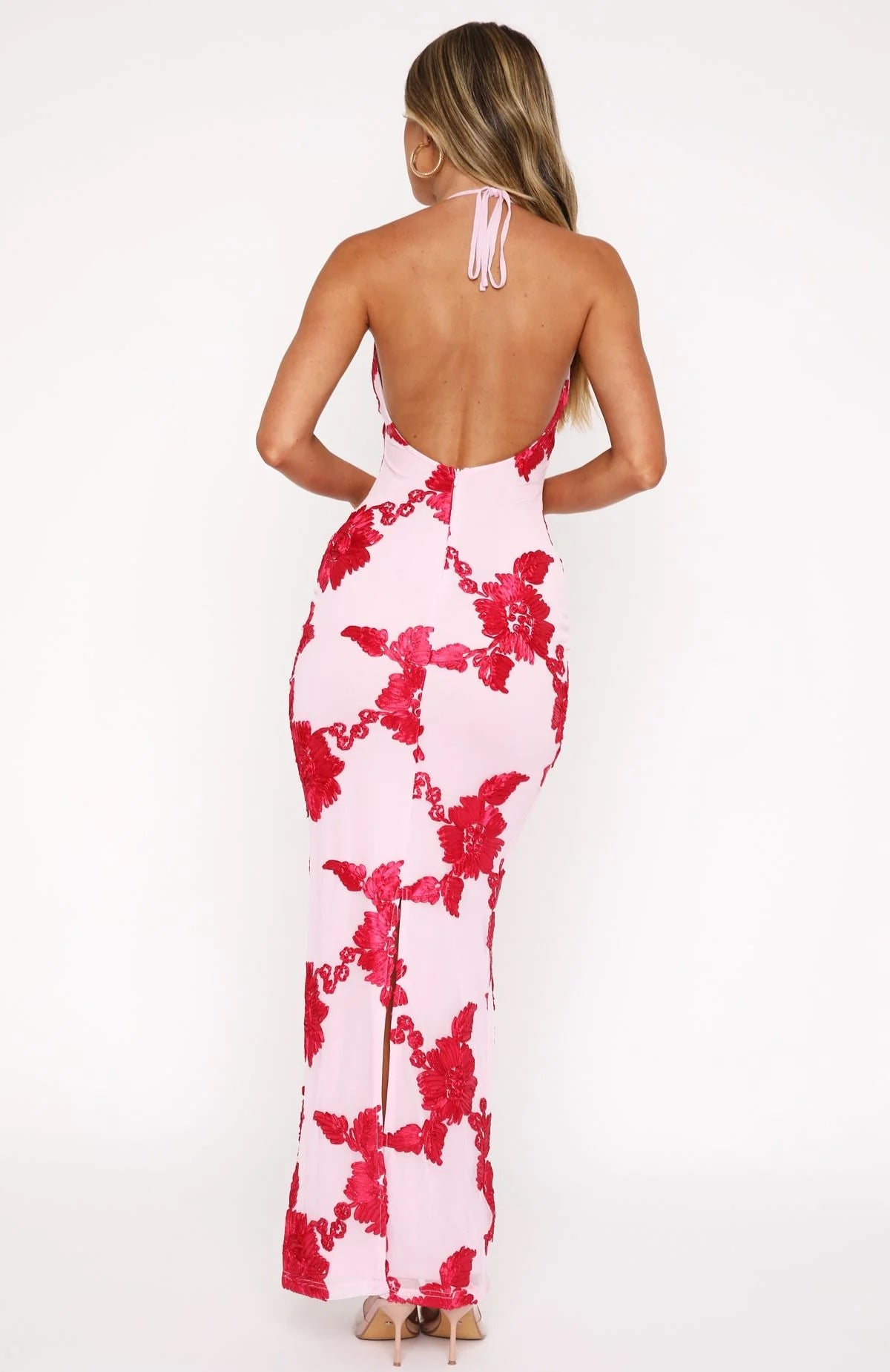 Minimal Chic Pink Red Flower Print Slim Fit Maxi Dress