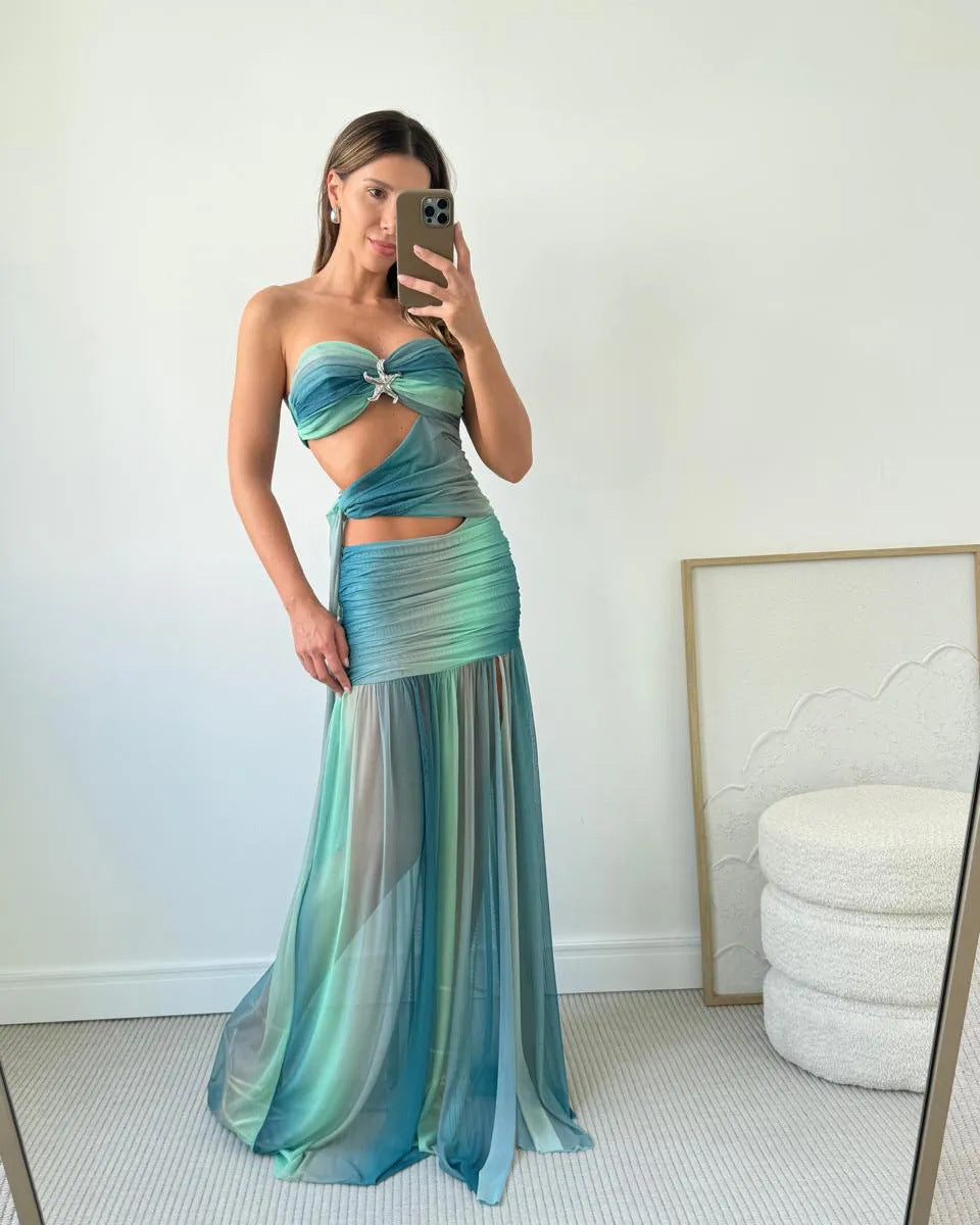Turquoise Cut-Out Ruched Maxi Dress