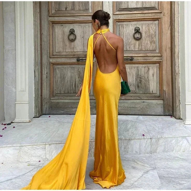 Golden Yellow Halter Neck Draped Satin Mermaid Maxi Dress