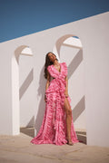 Hot Pink Ruffle Deep V Slit Maxi Dress