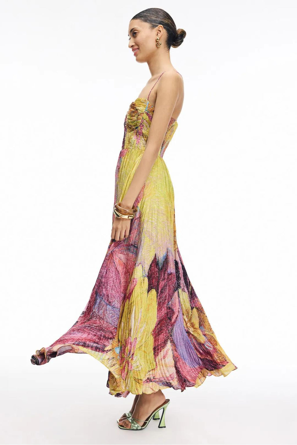 Multicolor Abstract Floral Pleated Chiffon A-Line Maxi Dress
